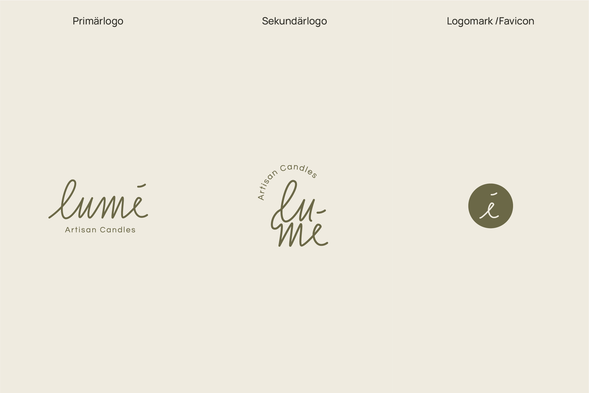 Visuelle Identität für die nachhaltige Kerzenmanufaktur Lumé. Hier werden drei Logo-Varianten abgebildet: Primär-, Sekundär-, und Teritärlogo. Das Logo von Lumé ist handgezeichnet in einem Schwung und kleingeschrieben.