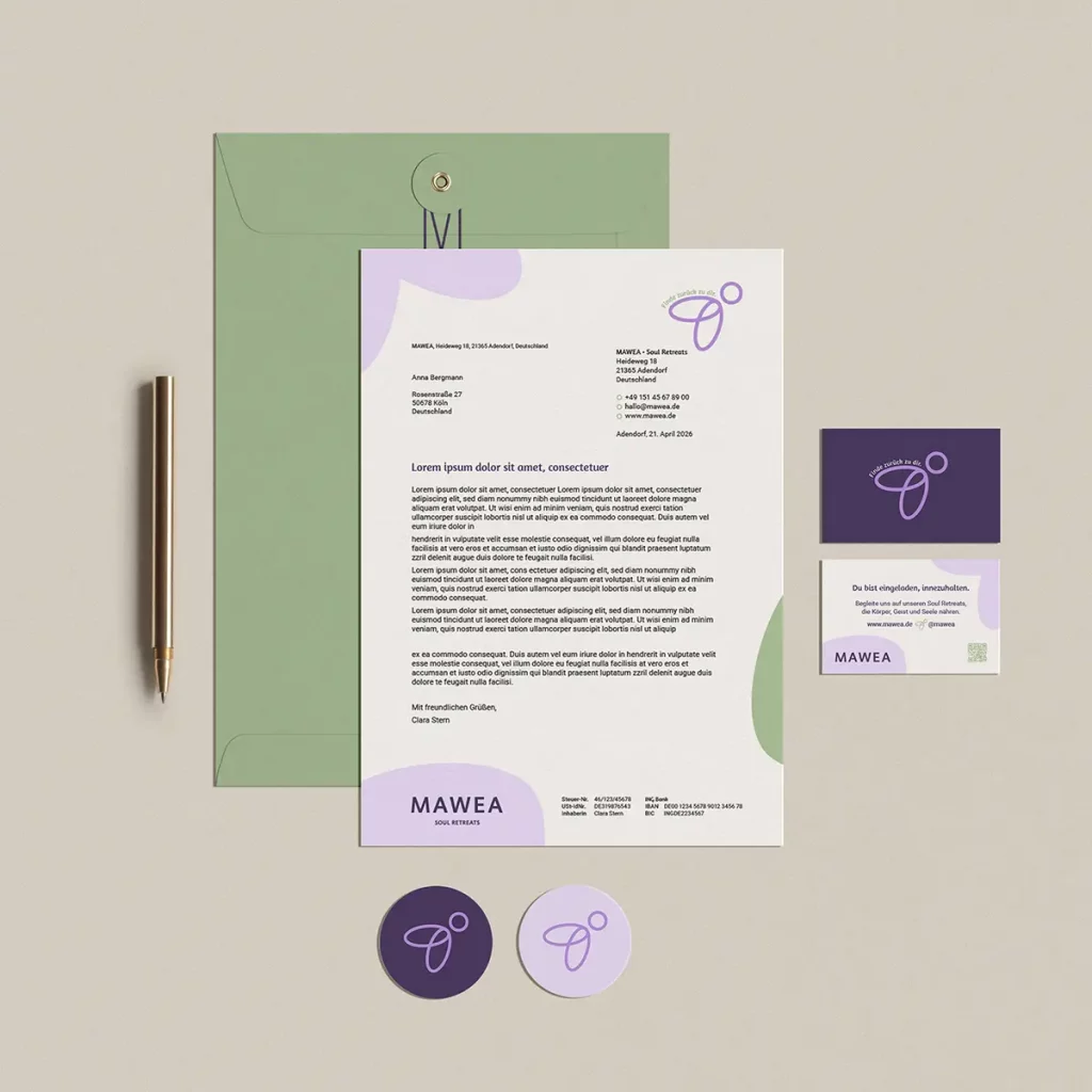 Briefpapier, Umschlag, Karten und Sticker im Corporate Design von MAWEA Soul Retreats